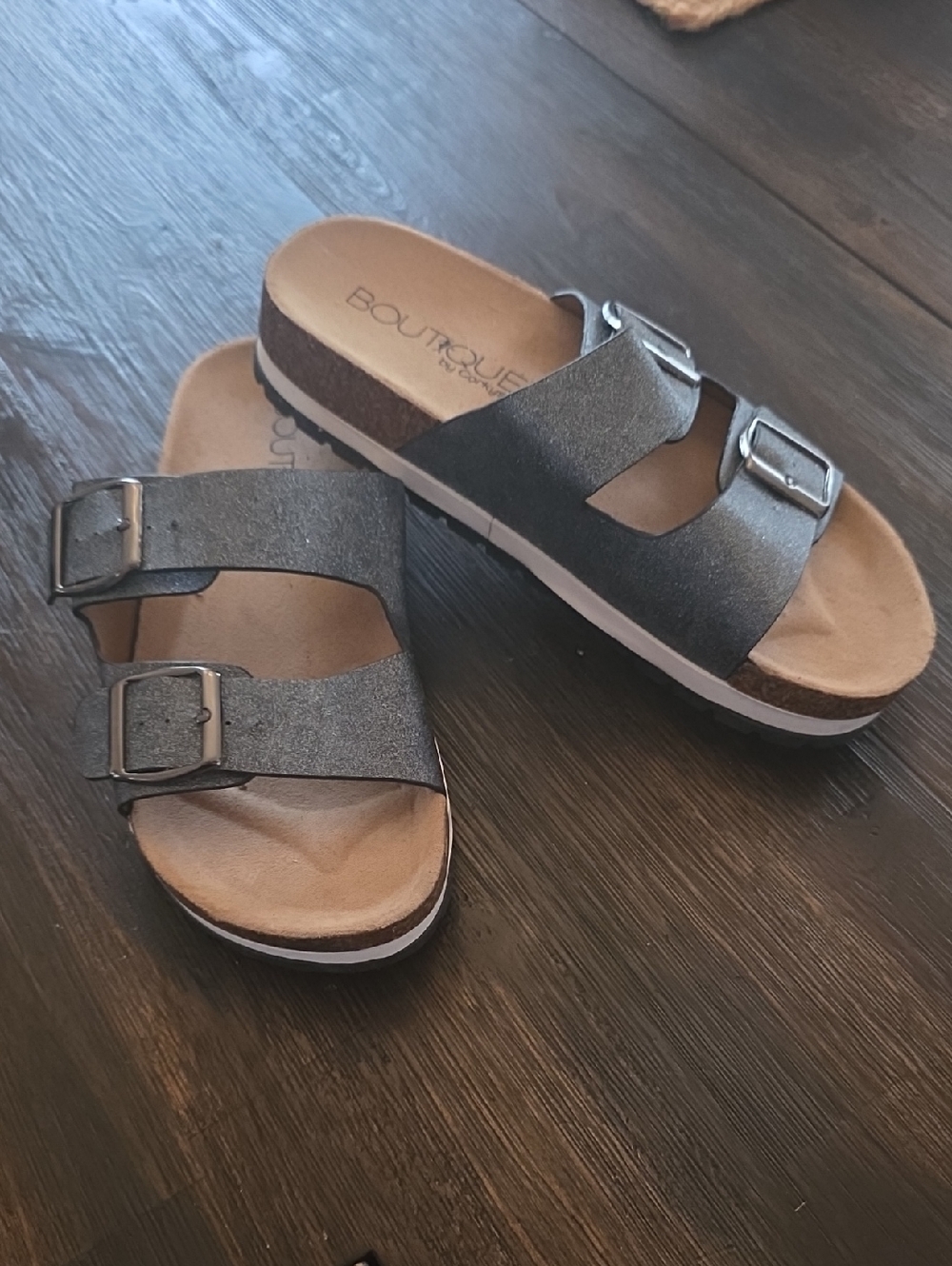 New- Woman Metallic Black Double-Buckle Slide Sandals
